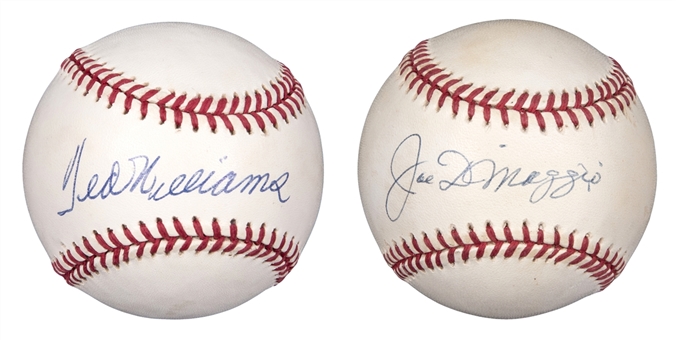 Joe DiMaggio And Ted Williams Single Signed Official American League Brown Baseballs (PSA/DNA) 